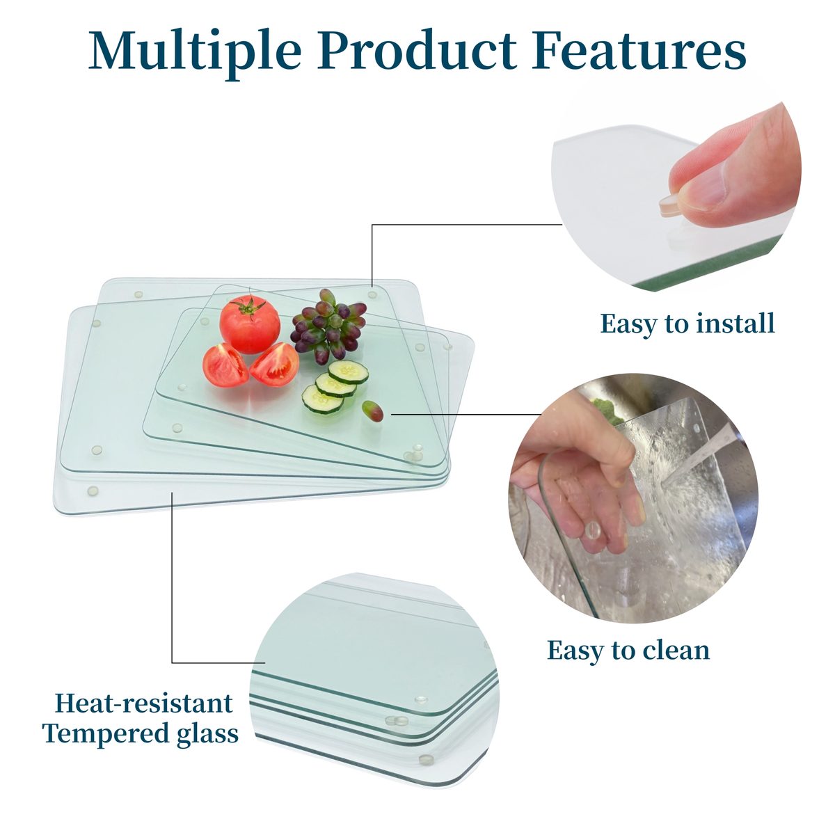 Feature diagram showing the self-adhesive anti-slip feet, easy cleaning, and heat-resistant tempered glass