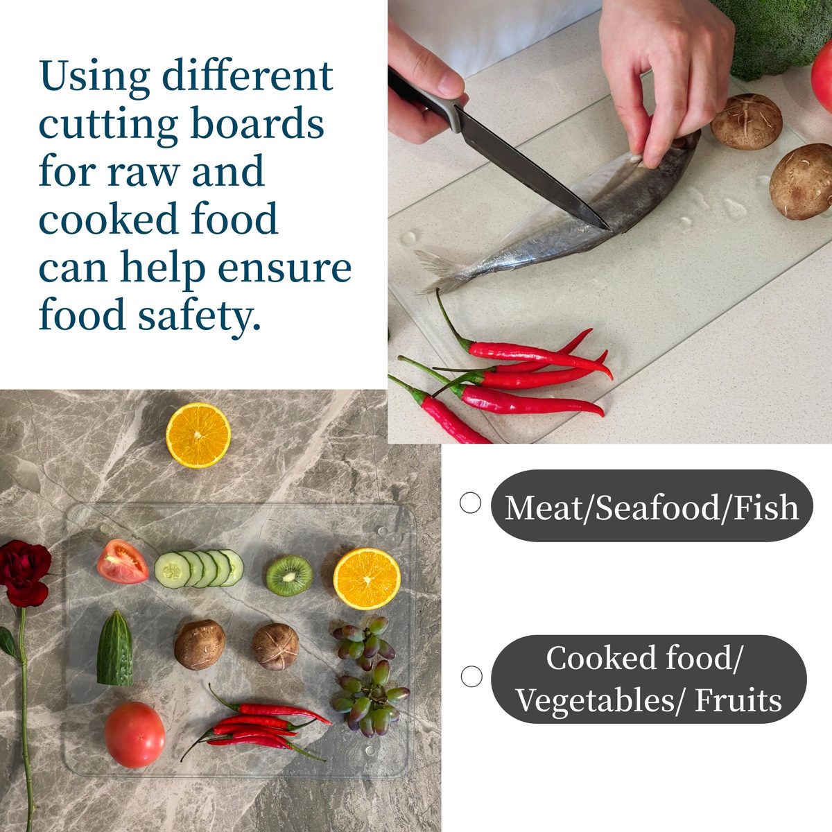 Separate boards for raw and cooked food — a fish being filleted on one board and vegetables and fruit on another