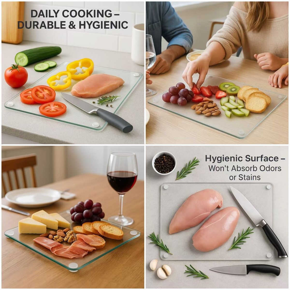 Everyday uses: vegetable prep, a fruit platter served to guests, wine with a charcuterie board, and raw chicken prep on a hygienic surface