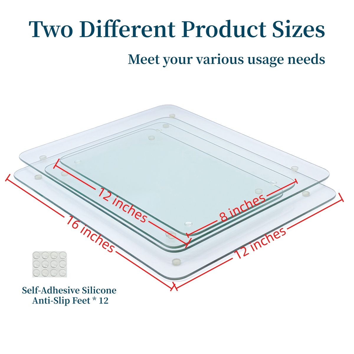 The two product sizes measured — 16 by 12 inches and 12 by 8 inches — with a sheet of self-adhesive anti-slip feet